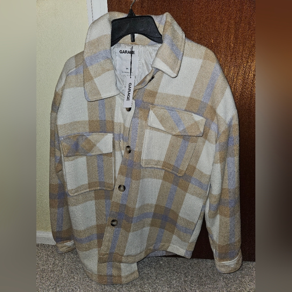Garage Plaid Shacket in Cream and Tan